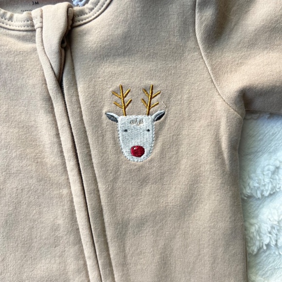 Petit Lem Little Reindeer on Taupe Organic Fleece Playsuit 3M NWT - Picture 2 of 9